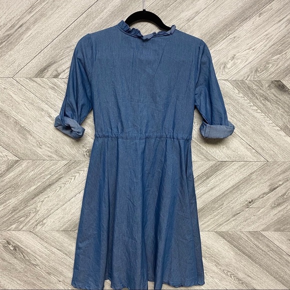 Chambray Midi Dress Button Down Ruffle Collar Smal - Picture 6 of 7
